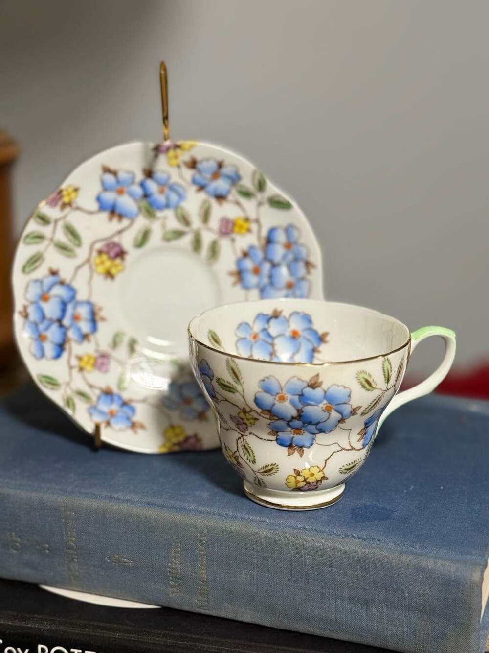 Vintage Foley Blue Floral Bone China Tea Cup and Saucer England - ,